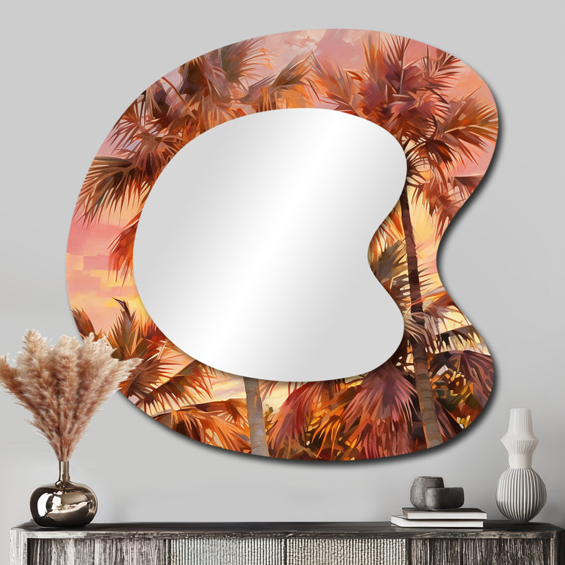 Rose Radiance Sunset Palm Trees I - Palmier à formes asymétriques - Grand miroir mural traditionnel, 33 po x 33 po