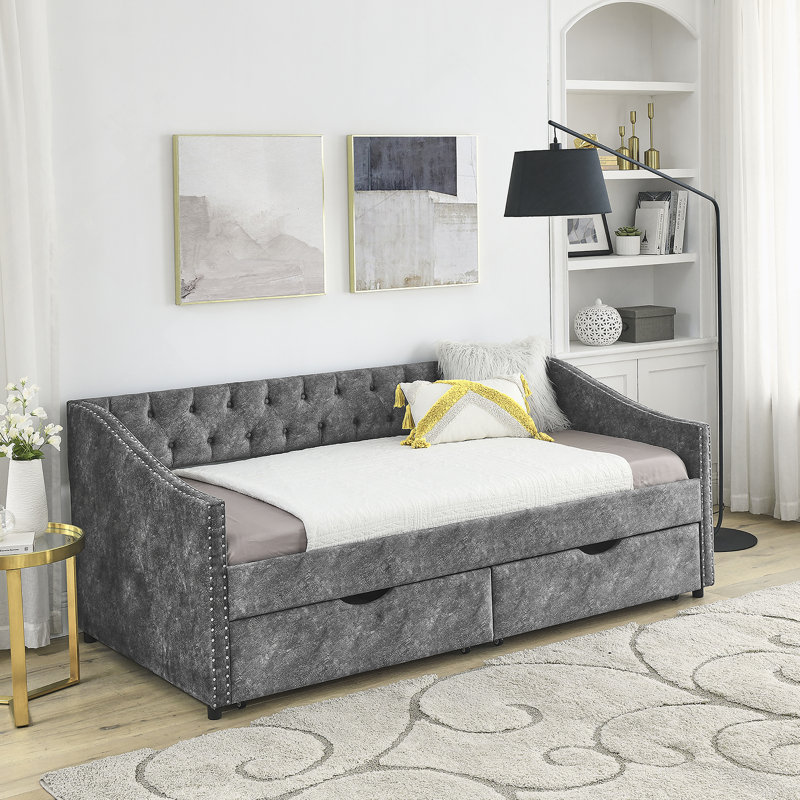Lit de jour avec tiroirs, canapé-lit capitonné avec boutons, Lit simple, Gris