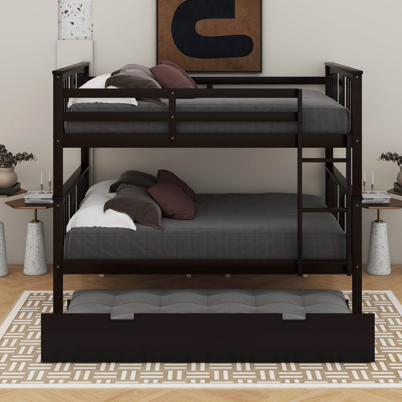 Lit double superposé au-dessus d'un lit double avec lit gigogne simple et échelle, Espresso