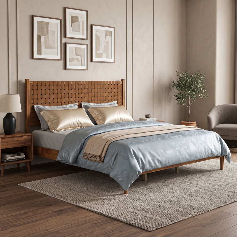 Lit plateforme Mid-Century moderne en bois avec tête de lit en cuir végétalien tissé, King, Caramel