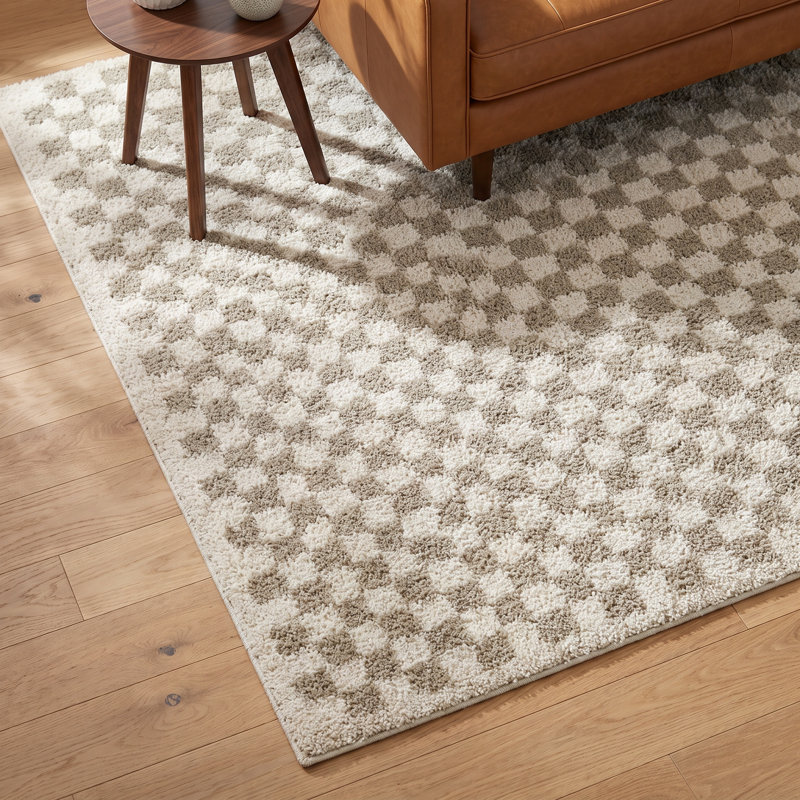 Walker Beige Checkered Shag Area Rug, Rectangle 6'7" x 9'