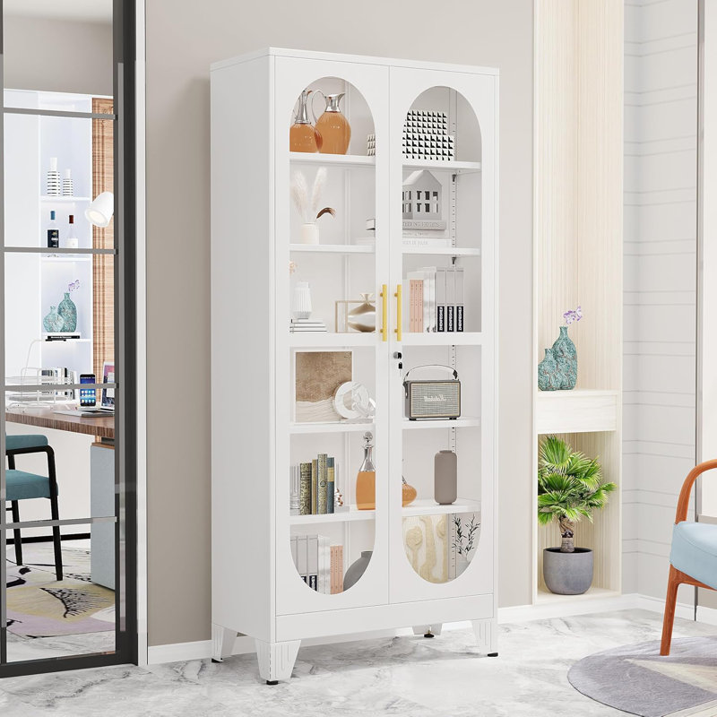 74.8" Tall Metal Curio Cabinet, Display Cabinet with Glass Door, 6 Tier Liquor with 5 Adjustable Shelves, Locking Glass Display Case for Collectibles, Showcase Storage Cabinets, Black
