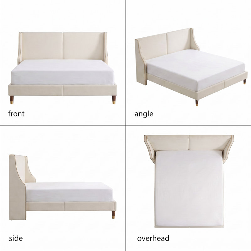 Melaya Wingback Upholstered Platform Bed Frame, Cream, King
