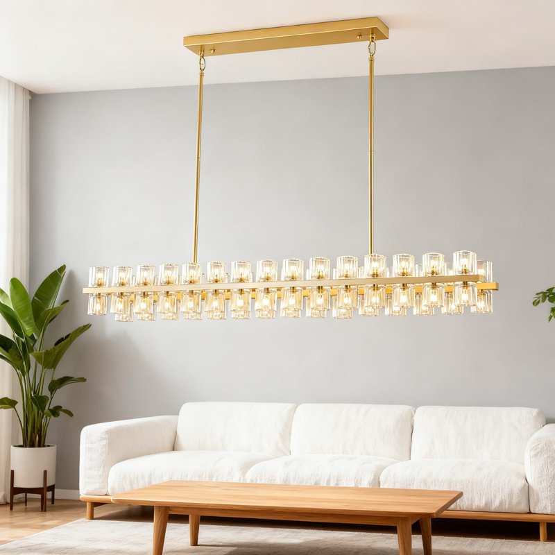 Lustre moderne en cristal rectangulaire à hauteur réglable pour salle à manger avec îlot de cuisine, lustre de ferme doré à intensité variable avec ampoules G4