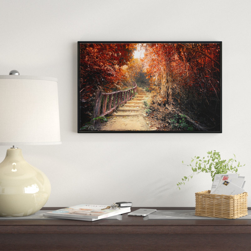 « escalier through red automne forest », reproduction de photo sur toile tendue encadrée, H 30 po x l 40 po x P 1,5 po