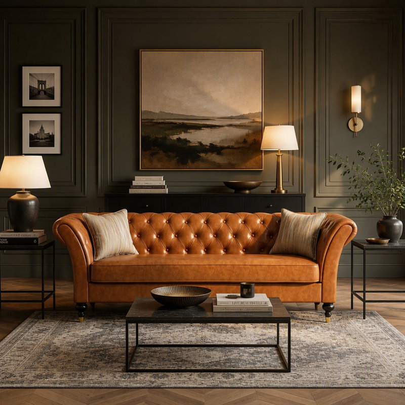 Canapé Chesterfield classique de 88,5 pouces en similicuir avec capitonnage profond