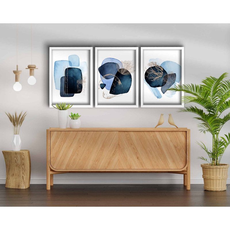 Elegant Decorative Framed MDF Painting Set (3 Pieces), Navy Blue, Blue, Mink & White | 100% MDF Art (Thickness: 0.1 in) & 100% Wooden Frame (Thickness: 0.9 in), Perfect for Home Décor & Contemporary Spaces, 15.0 x 20.9 inches Each