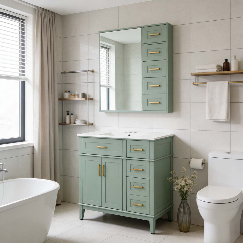 Meuble-lavabo moderne avec lavabo en céramique, portes à fermeture en douceur, Vert clair