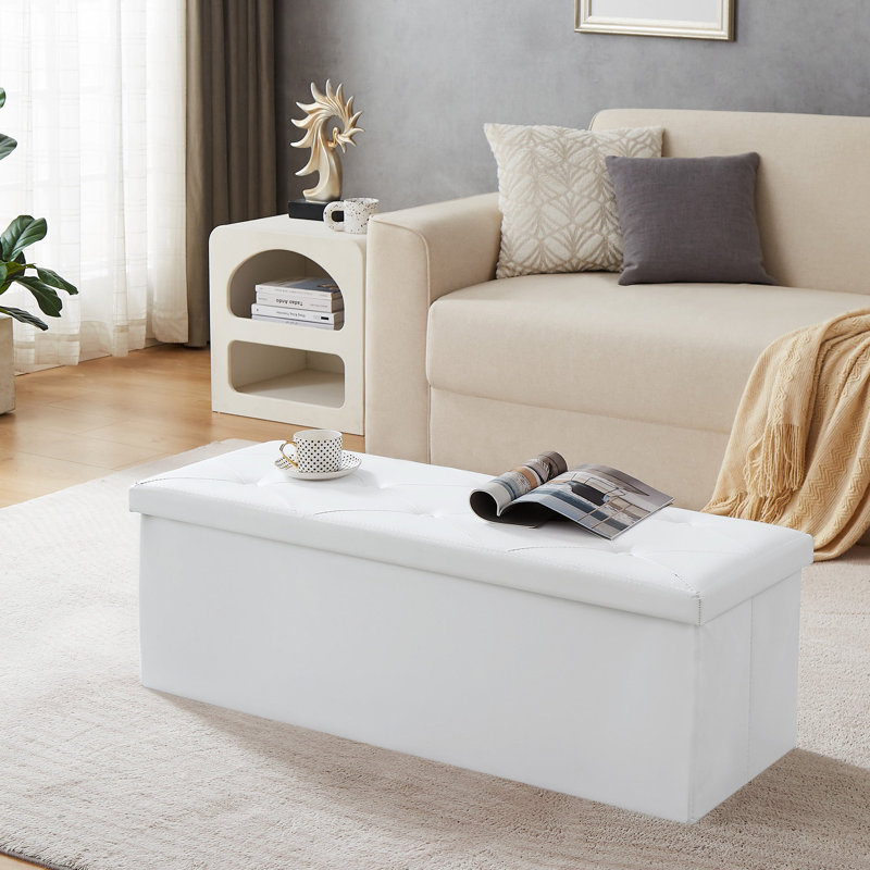 Nairne 110cm Wide Faux Leather Tufted Rectangle Solid Colour Storage Ottoman with Storage, White