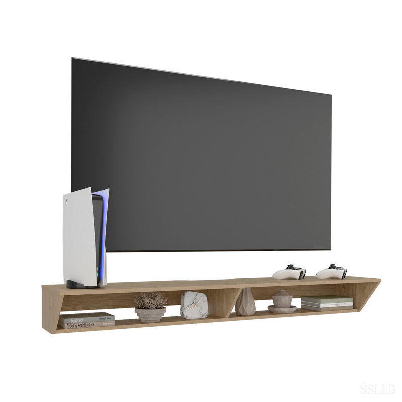 Meuble télé 65 po avec 3 tablettes ouvertes, console multimédia moderne pour rangement dans le salon, Chêne clair