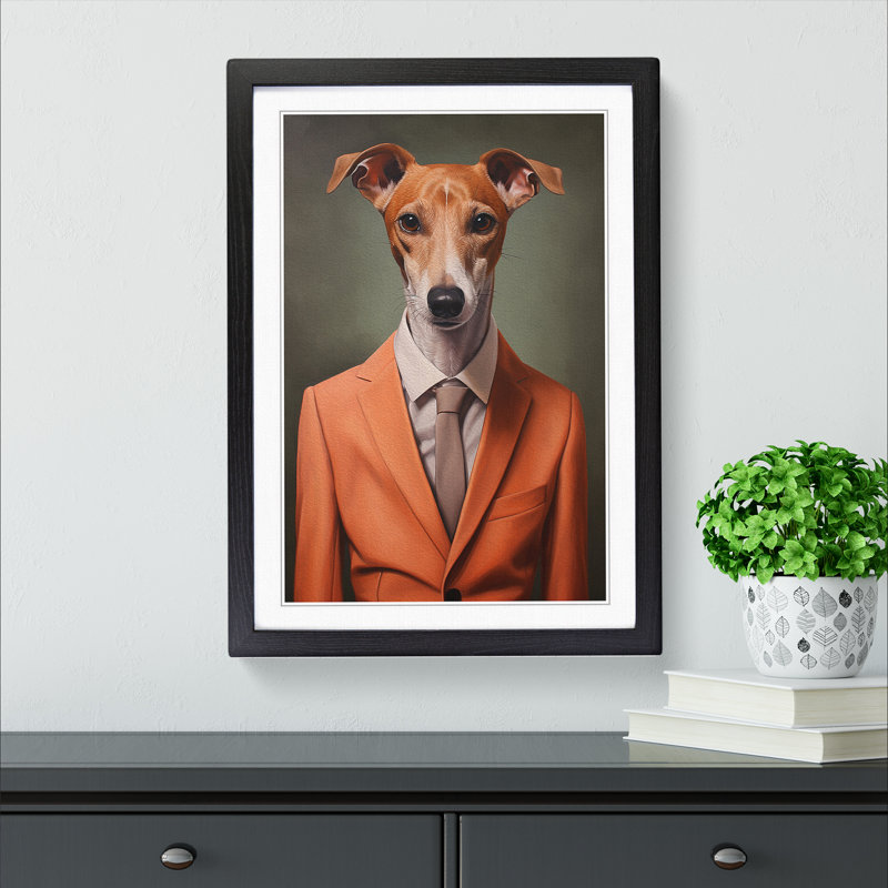 Whippet In A Suit - Single Picture Frame Print on Wood, Black Framed, 46cm H x 34cm W x 2cm D