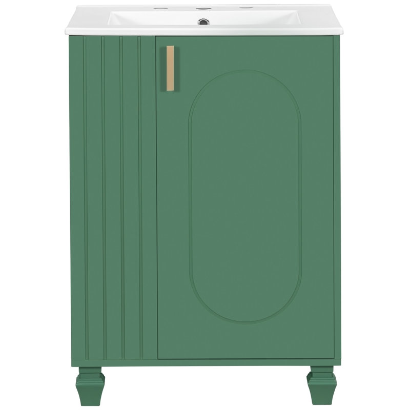 Meuble-lavabo de salle de bain avec lavabo, armoire avec tablette de porte, rangement latéral ouvert, cadre en bois massif et porte à fermeture douce pour une utilisation pratique