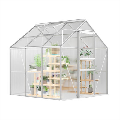 6x6 FT Outdoor Greenhouse Kit, Heavy Duty Polycarbonate Greenhouse with Aluminum Frame, Roof Vent, Lockable Door, Easy Assembly, All Season Garden Use