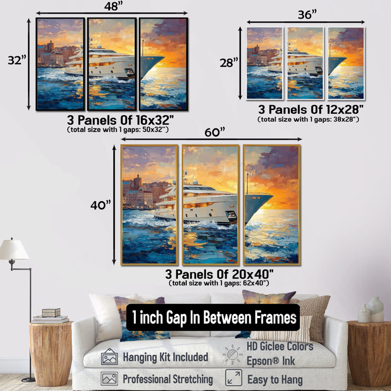 Blue Sophistication with Orange Boat Yacht Blend - ensemble d'art mural bateau, Toile argentée avec cadre flottant
