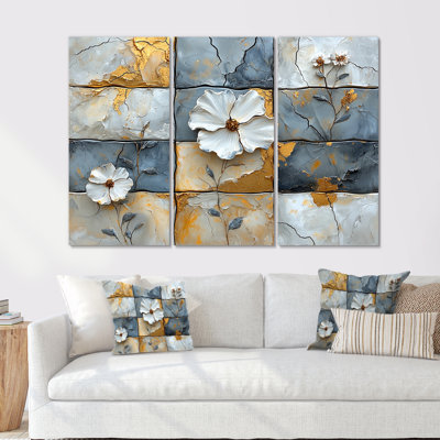 Carreaux bohème gris et blanc à motif floral - Boho Tiles Wall Art