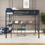 Élégante base de lit mezzanine pleine grandeur en acier noir avec bureau intégré et tablettes de rangement pour les dortoirs et les petites chambres à coucher