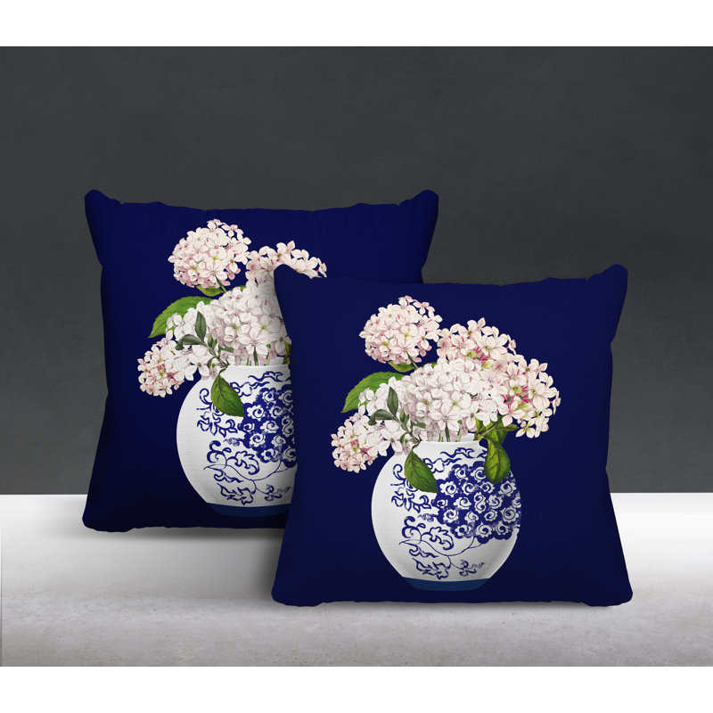  Coussin décoratif intérieur / extérieur floral, L 19 po x H 19 po, Bleu marine