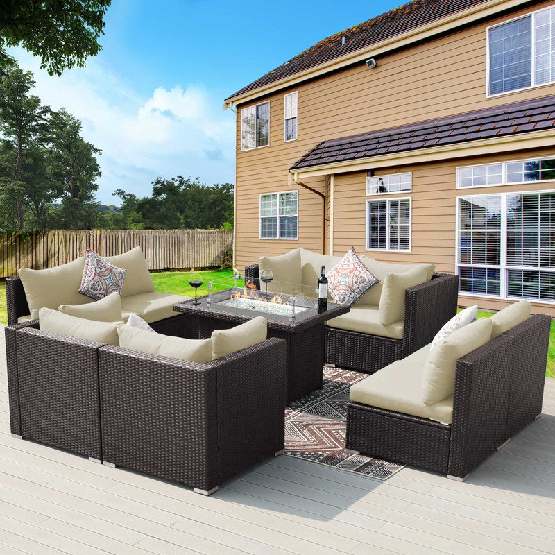 Ensemble de conversation pour patio pour 8 personnes avec table de foyer et coussins, ensemble de conversation modulaire à assise profonde