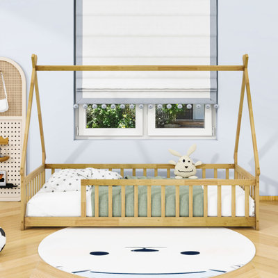Twin Wood Tent-Shaped Teepee Bed With Guardrails