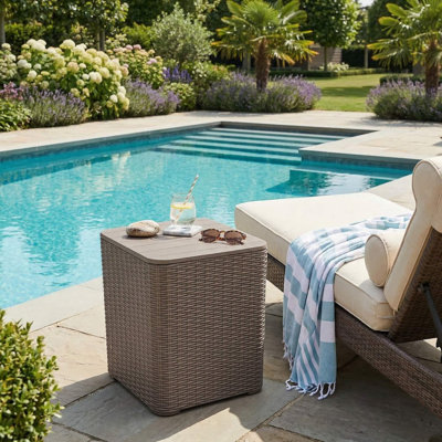 Waterproof Weather Resistant Outdoor Resin Storage Side Table With Removable Lid And Wicker Woven Decorative Accent For Patio Backyard Porch Balcony Deck