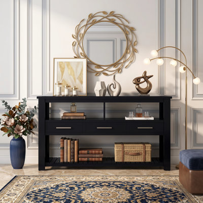 Console de 62,2 po avec 4 tiroirs, tablettes ouvertes à 3 niveaux et poignées en métal, table de canapé polyvalente pour couloir, salon, chambre à coucher, vestibule, cuisine