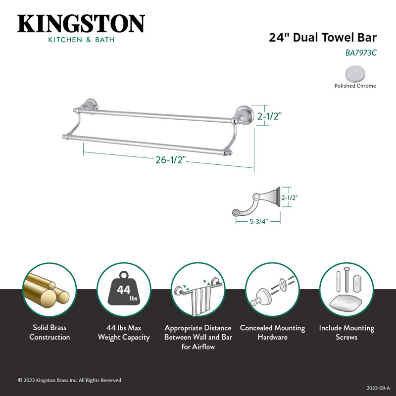 Barre à serviettes double 24 po Kingston, Chrome poli