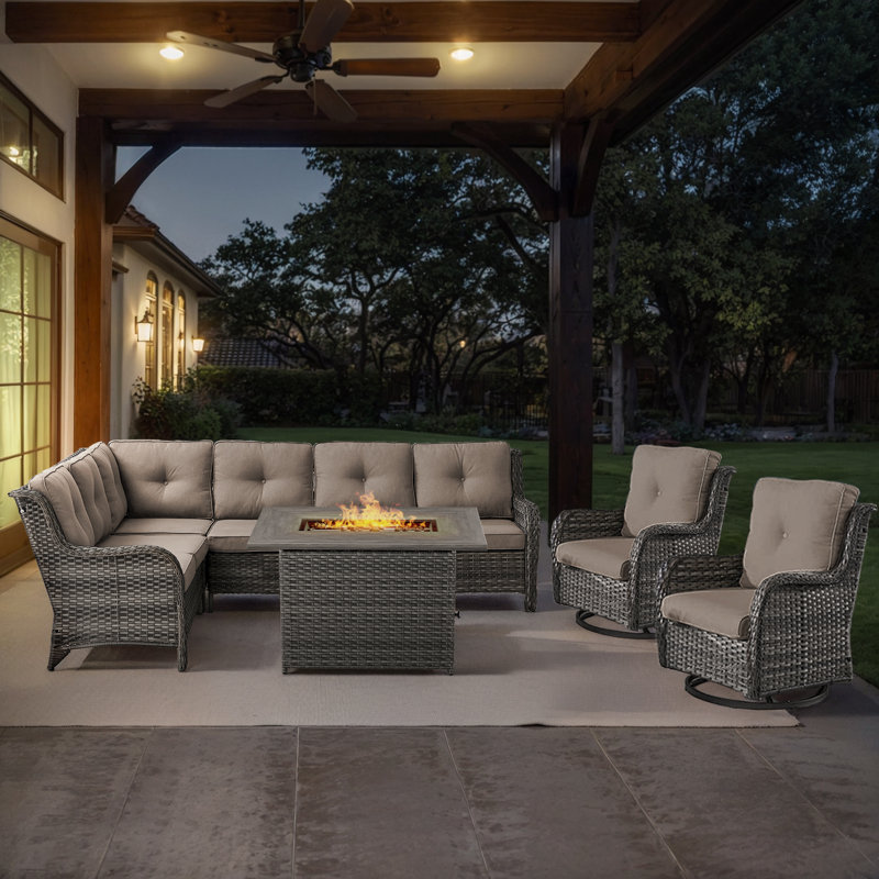 Dahlyla 8- Person Outdoor PE Wicker Sectional Seating Group with Fire Pit Table and Cushions, Gray, Gray