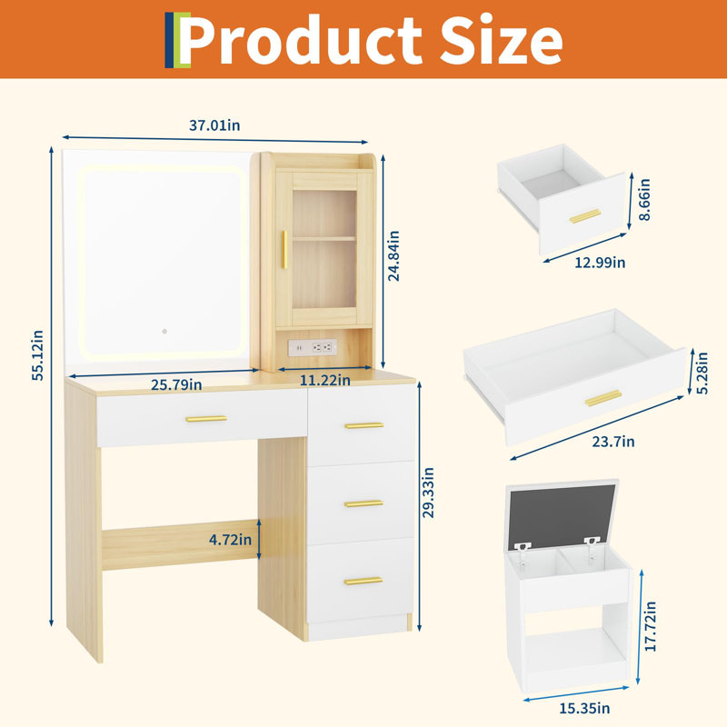 Modern Makeup Vanity Desk with 3 Colors LED Lighted Mirror, Built-in Outlets, 4 Drawers, Hair Dryer Holder and Storage Stool for Bedroom