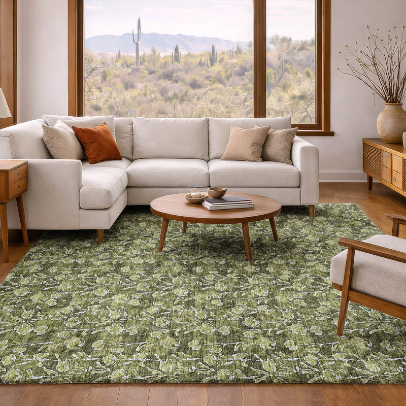 Tapis floral à poil long de qualité supérieure lavable à la machine ADS692, Olive, 5 pi x 7 pi 6 po
