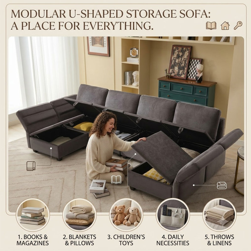 Modular Sectional Sofa With Storage Seats, Dark Gray Polyester Blend