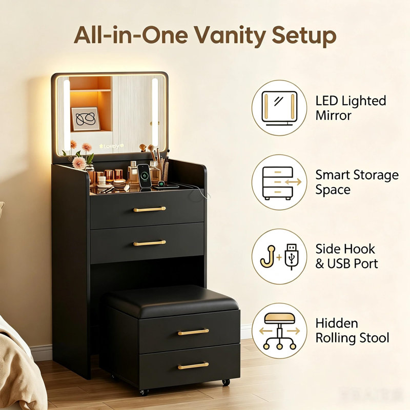 Ensemble de mini-meuble-lavabo 3 en 1 pour petits espaces avec miroir lumineux à DEL, station de charge USB, bureau de maquillage avec tiroirs et tabouret à roulettes caché, pour la chambre à coucher - noir