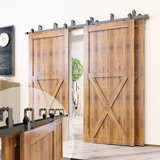 Black Top Mount T-Shape Design Double Track Bypass Three Door Barn Door Hardware Kit (Door Not Included)