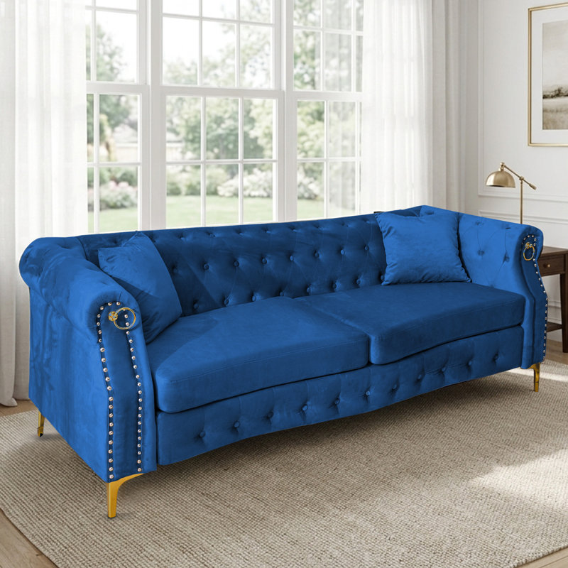 83.5'' Comfort Tufted Velvet Sofa with Wooden Frame, Blue