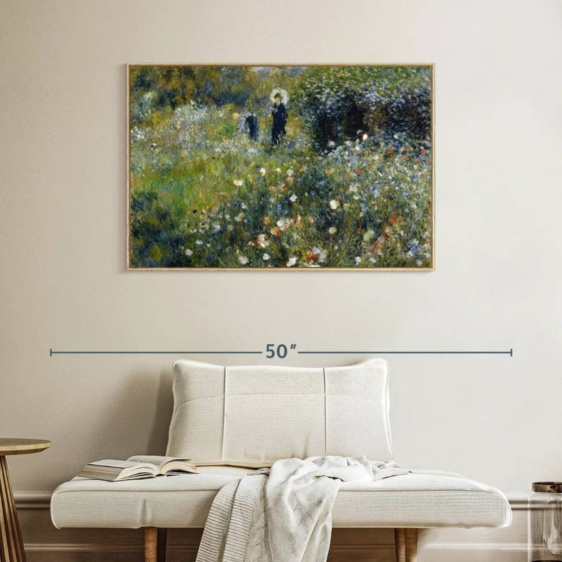 Femme avec un parasol dans un jardin, Cadre flottant en bois naturel, 40 po x 27 po