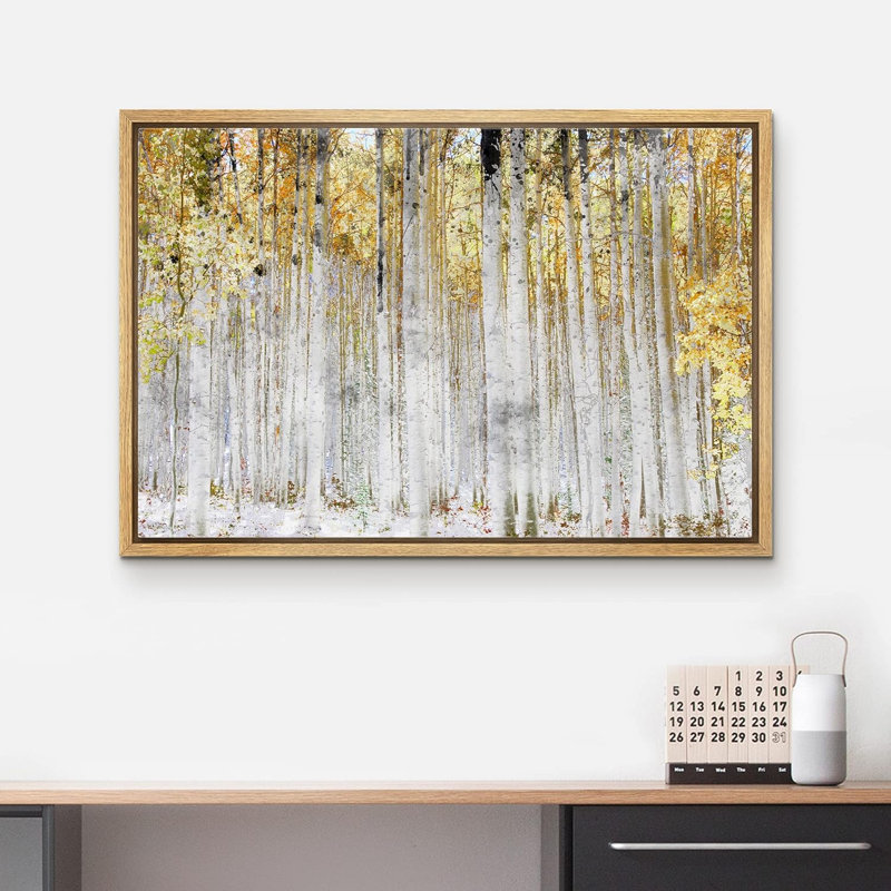 Aspen Birch Autumn Fall White Birch Tree Forest with Yellow Leaves Nature Landscape Rustic on Canvas, Encadré naturel