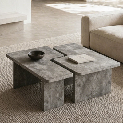 Modular Concrete Coffee Table Set of 2, Nesting L-Shaped Puzzle Center Table, Faux Stone Look Square or Rectangular Cocktail Table with Slab Legs for Modern Industrial Living Room, Slate Gray