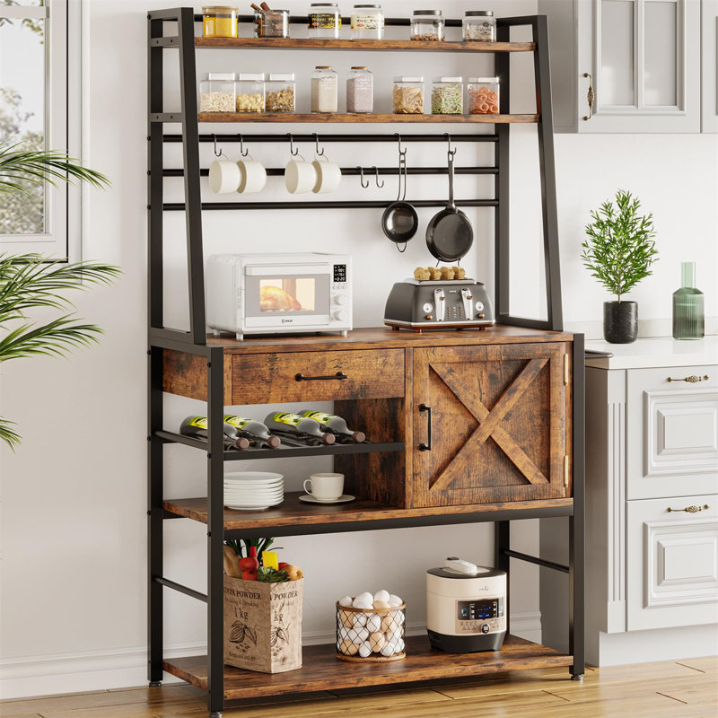 Rustic Brown 6-Tier Baker's Rack With Drawer And Wine Rack, Kitchen Microwave Stand And Coffee Bar Cabinet With Storage Shelves, Metal Hooks, And Tower Rack