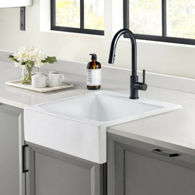 Parker White Fireclay 26" Single Bowl Quick-Fit Drop-In Farmhouse Apron Kitchen Sink (1 Hole) and Drain