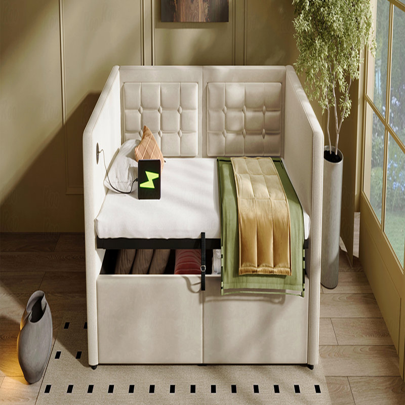Bed Frame Twin Size Upholstered Design Daybed, Hydraulic With Storage Function Twin With Usb And  Type-C Charging, With Wooden Frame Material Slats And Tufted Sofa Back
