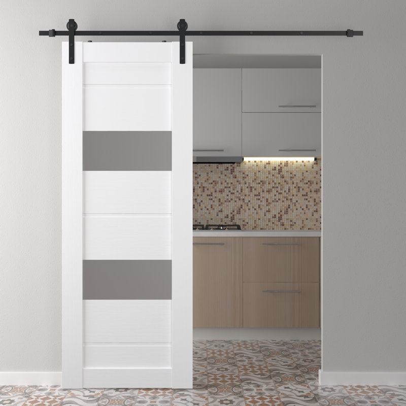 Porte de grange en bois et verre pré-finis avec ensemble de quincaillerie d'installation Vita, Blanc noble