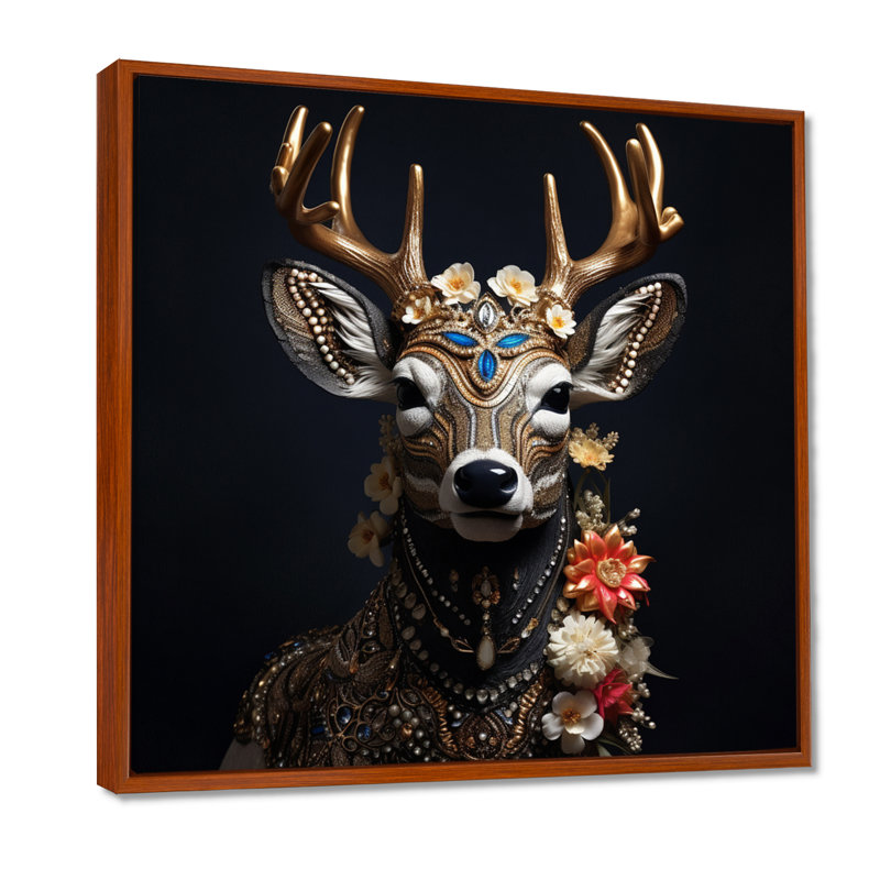 Glamour, bohème de cerf avec fleurs - décoration murale animal cerf, Toile avec cadre brun, H 30 po x l 30 po x P 1 po