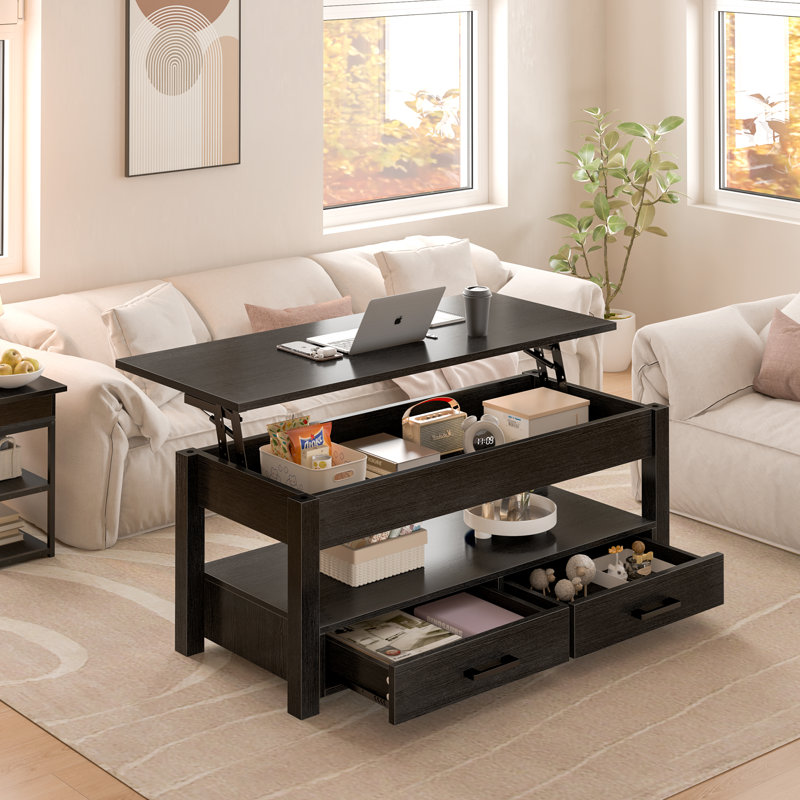 Areil Lift Top Coffee Table with Storage, Cocktail Table with 2 Drawers, Espresso