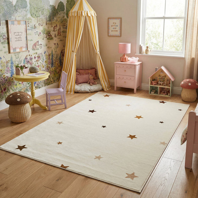 Tapis crème à motif d'étoiles pour enfants 8 pi x 11 pi (7 pi 7 po x 10 pi 10 po) Stella, Rectangle 7 pi 7 po x 10 pi 10 po