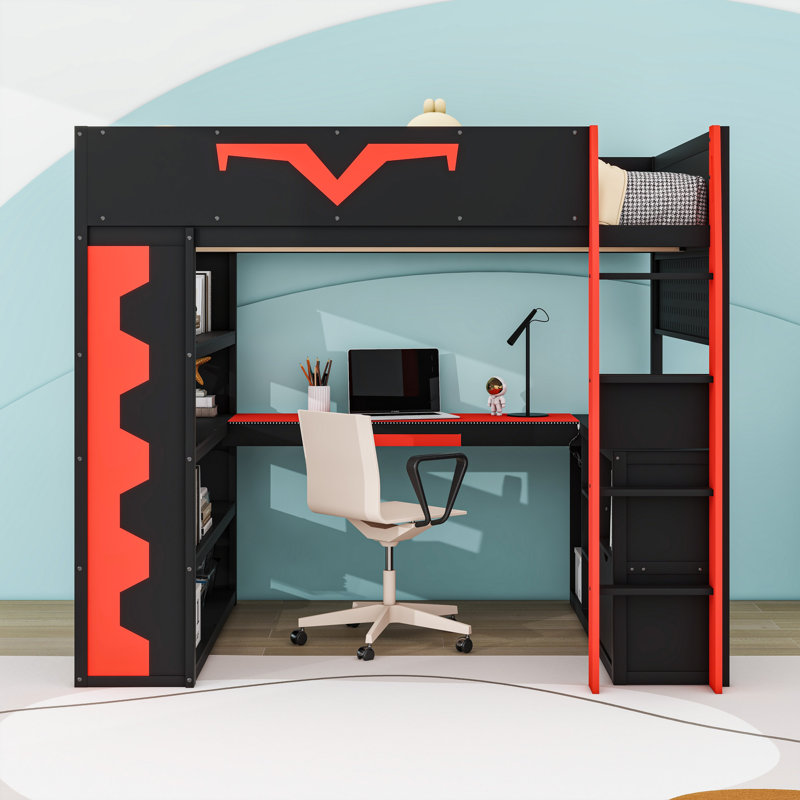 Full Size Wooden Loft Bed, Storage Shelves, RGB Lighting, Charging Station and Drawer, Red