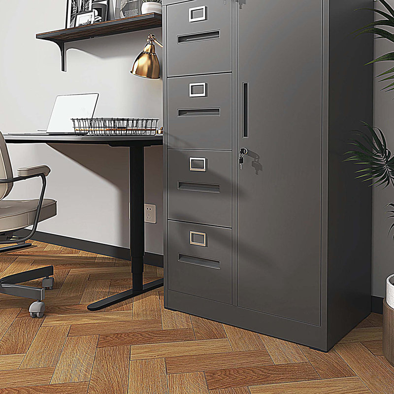 Metal Storage Vertical Filing Cabinet with Lock, Steel File Locker with 4 Drawers and 1 door, Black