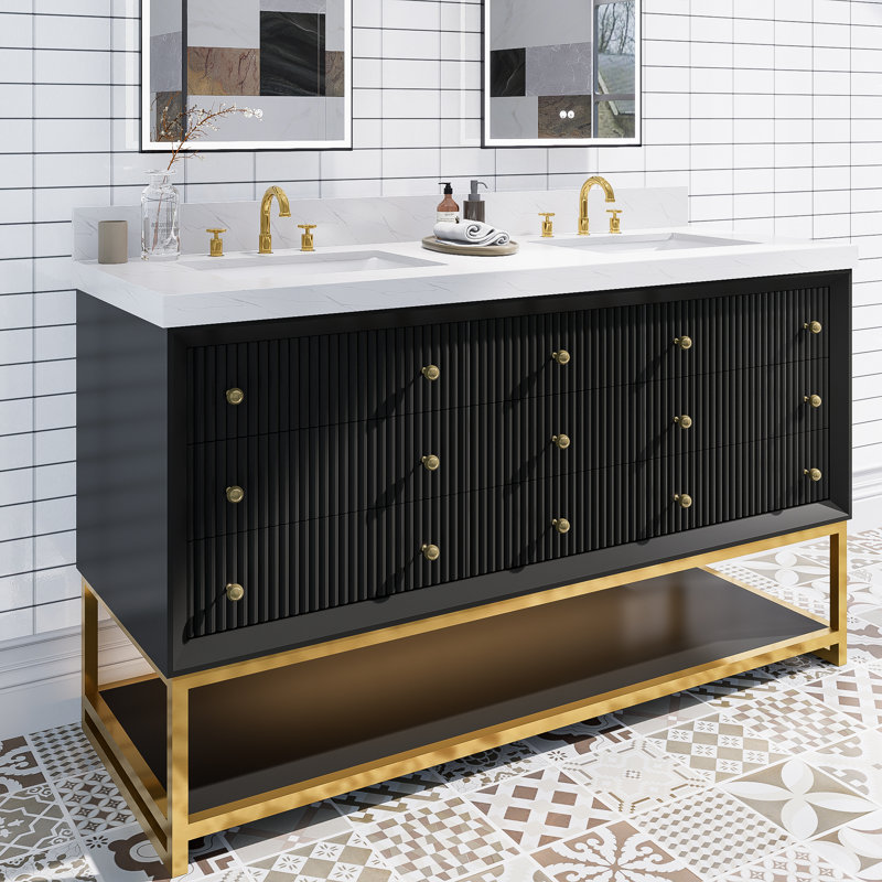 Ensemble de meuble-lavabo autoportant moderne en bois massif avec plateau en marbre, Noir, 60"