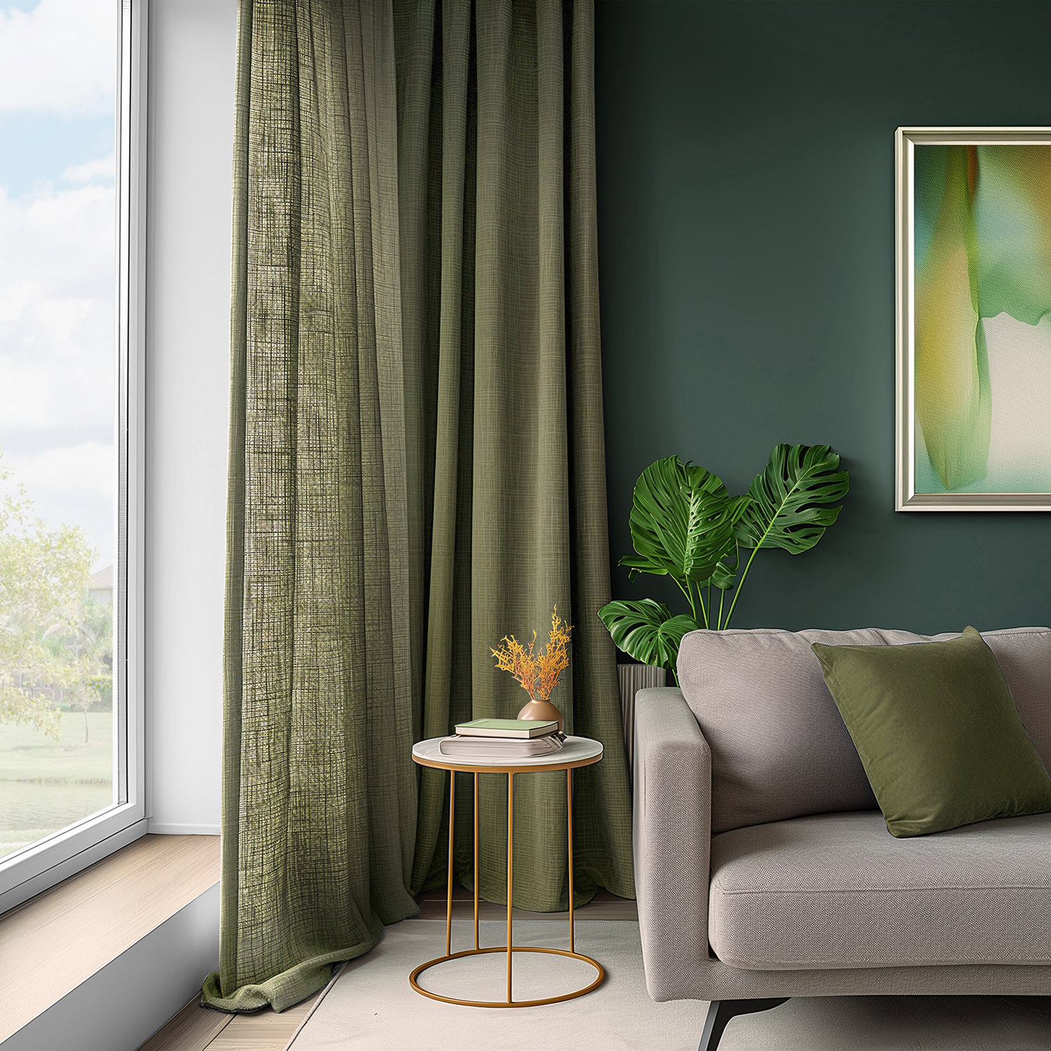 Farmbry Faux Linen Curtain Panel Set, 50" W x 84" L, Green