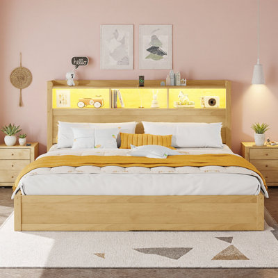 93.1" King Size Wood Platform Bed with Storage Headboard, LED Light Strip, 2 Under-Bed Drawers & Pull-Out Cabinet, Solid Pine & MDF Bed Frame with Adj