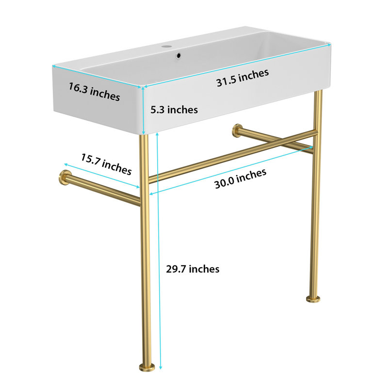 Lavabo de console de salle de bain 31,5 "avec trop-plein, console en céramique cuve blanche avec pieds dorés