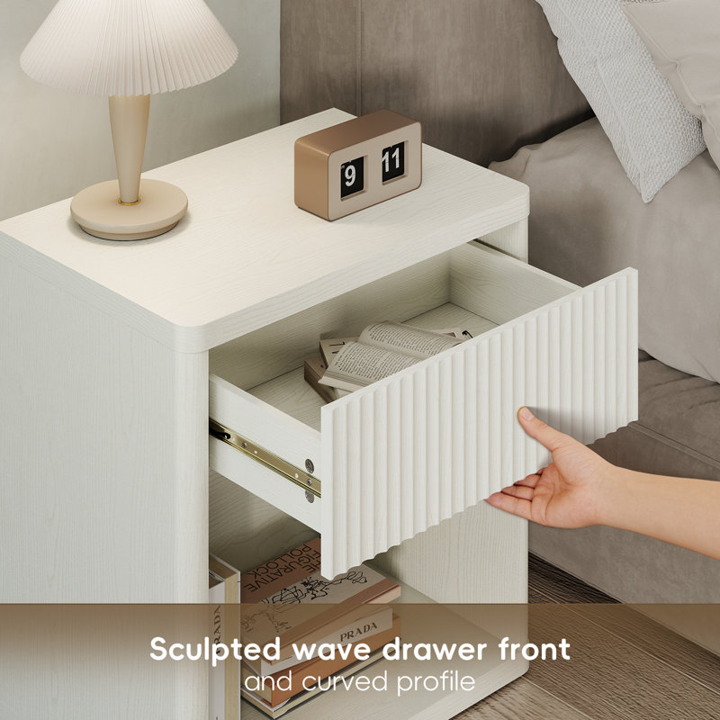 Modern Fluted Nightstand Set Of 2 – Mid-Century Bedside Tables With Drawer & Open Storage – Large Wide End Table For Bedroom & Living Room